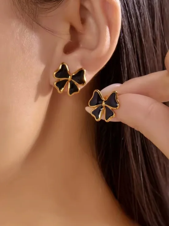 Gold & Blue Bow Stud Earrings - Picture 3 of 3